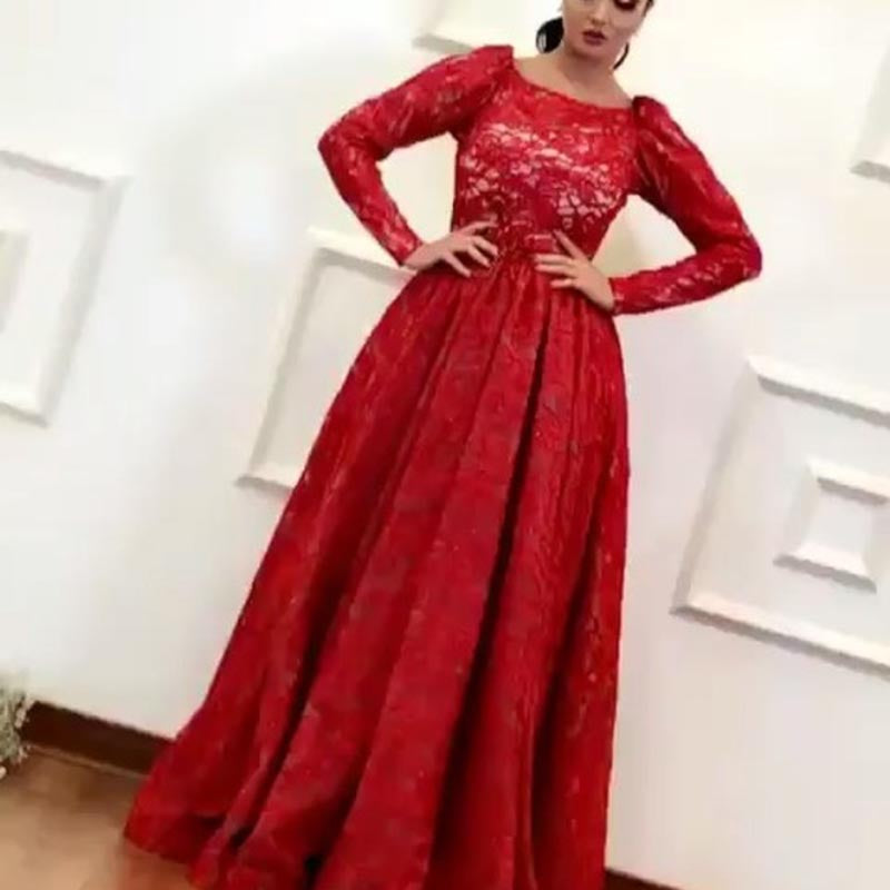 long sleeve prom dresses 2020 crew neckline red lace evening dresses arabic formal dresses vestdos de fiesta
