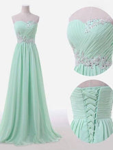 Load image into Gallery viewer, mint bridesmaid dresses 2021 sweetheart neckline pleats lace appliques beaded floor length long wedding party dresses