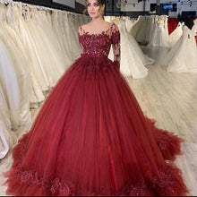 Load image into Gallery viewer, red prom dresses 2021 crew neckline long sleeve lace appliques ruffle ball gown tulle long evening dresses gowns
