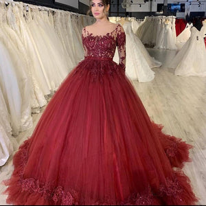 red prom dresses 2021 crew neckline long sleeve lace appliques ruffle ball gown tulle long evening dresses gowns