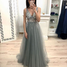 Load image into Gallery viewer, Sliver Long Prom Dress With Beading Graduation Dress Homecoming Dresses School Dance Dress