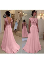 Load image into Gallery viewer, Pink Prom Dresses Deep V-Back Lace Zipper Evening Dress Sexy Appliques Long Prom Dress
