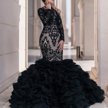 Load image into Gallery viewer, black prom dresses 2020 long sleeve lace appliques ruffle long sleeve tiered evening dresses formal dress