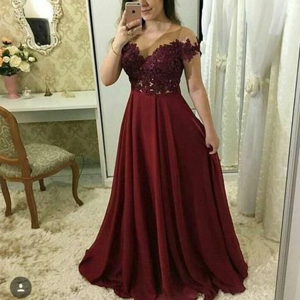 wine red prom dresses 2020 sheer crew neckline a line satin floor length evening dresses formal dresses