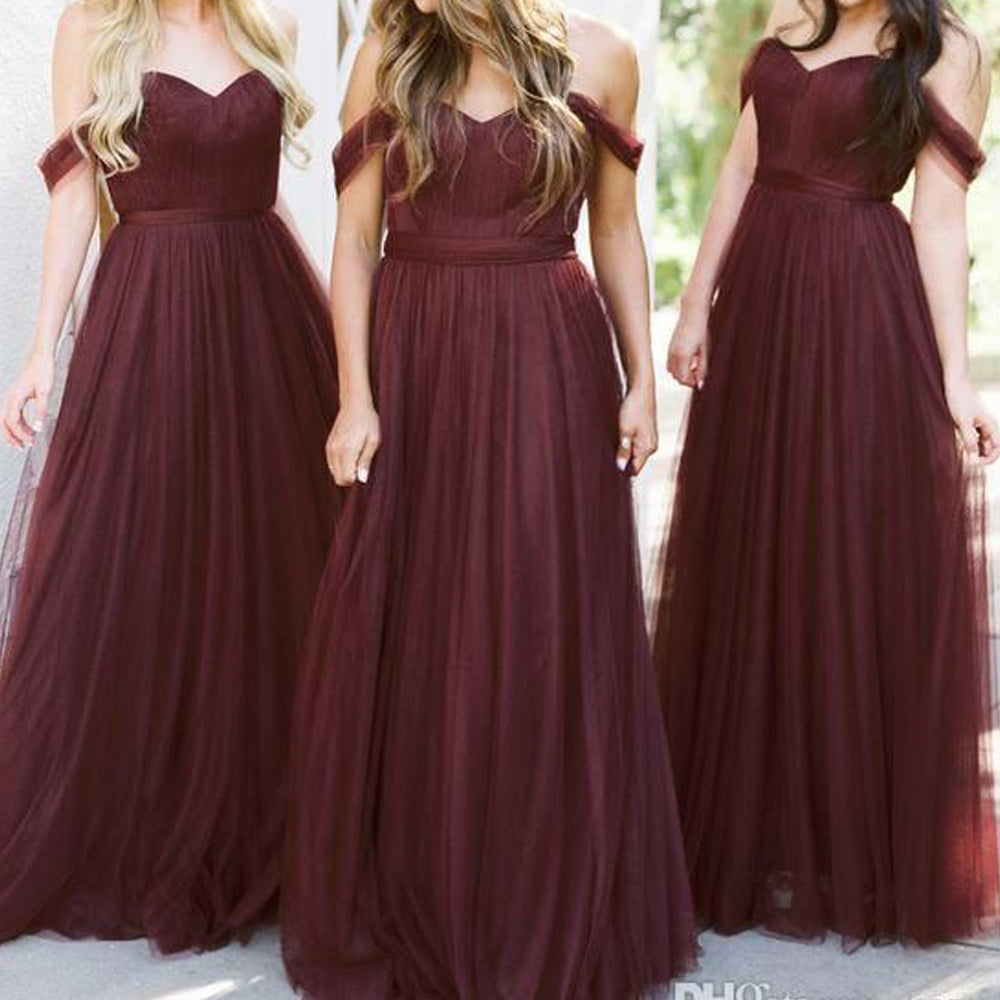 burgundy bridesmaid dresses 2020 off the shoulder sweetheart neckline a line tulle wedding guest dress wedding party dress
