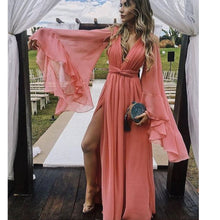 Load image into Gallery viewer, pink prom dresses 2020 deep v neck pleats side slit chiffon a line pleats evening dresses formal dresses arabic party dresses