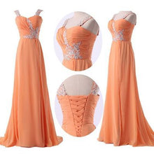 Load image into Gallery viewer, orange bridesmaid dresses 2021 sweetheart neckline pleats lace appliques lace up back floor length chiffon long maid of honor dresses wedding party dress