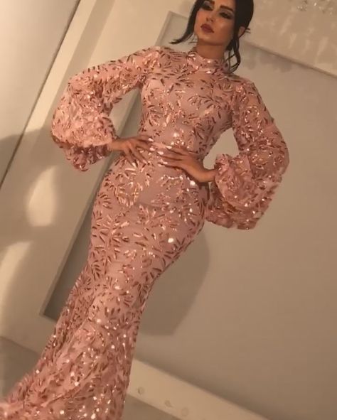 pink prom dresses 2021 high neck long sleeve mermaid sequins evening dresses shinning formal dresses