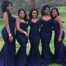 Load image into Gallery viewer, navy blue bridesmaid dresses 2019 sweetheart neckline mermaid satin long wedding party dresses evening dress
