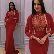 Load image into Gallery viewer, red prom dresses 2020 crew neckline beaded long sleeve mermaid party dresses evening dresses with jacket formal dresses