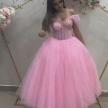 Load image into Gallery viewer, pink prom dresses 2020 sweetheart neckline off the shoulder tulle evening dresses formal dresses evening gowns party dress