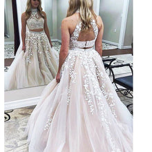 Load image into Gallery viewer, two pieces prom dresses halter neckline beading sequins a line champagne tulle evening dresses arabic party dresses