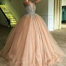 Load image into Gallery viewer, champagne prom dresses 2020 crystal deep v neck puffy tulle floor length evening dresses gowns