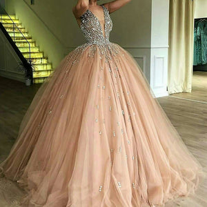 champagne prom dresses 2020 crystal deep v neck puffy tulle floor length evening dresses gowns
