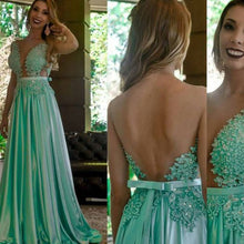 Load image into Gallery viewer, green prom dresses sheer bodice a line chiffon a line beading lace appliques bowknot floor length a line evening dresses