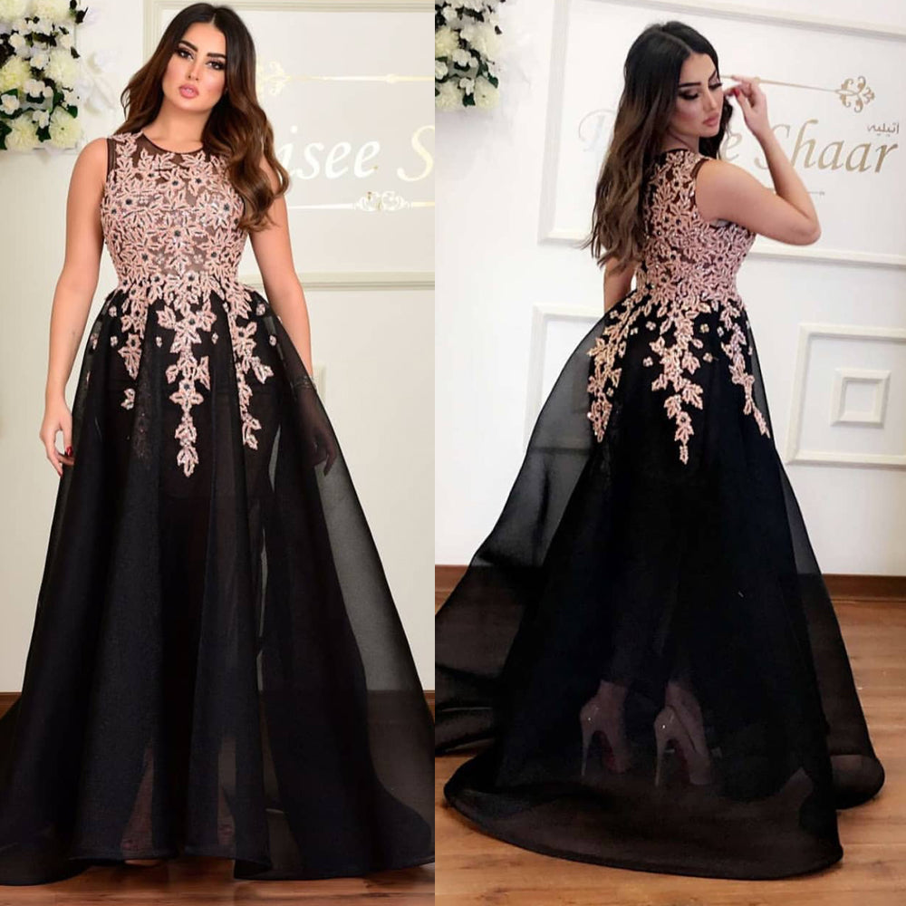 black prom dresses 2020 sleeveless lace appliques beading a line floor length evening dresses arabic