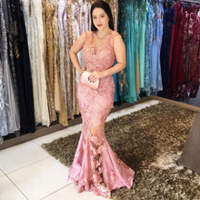 Load image into Gallery viewer, lace prom dresses 2020 crew neckline pink mermaid evening dresses pink evening gowns arabic party dresses vestidos de fiesta