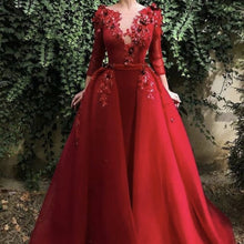 Load image into Gallery viewer, red prom dresses 2020 deep v neck long sleeve detachable skirt a line red evening dresses arabic formal dresses evening gowns