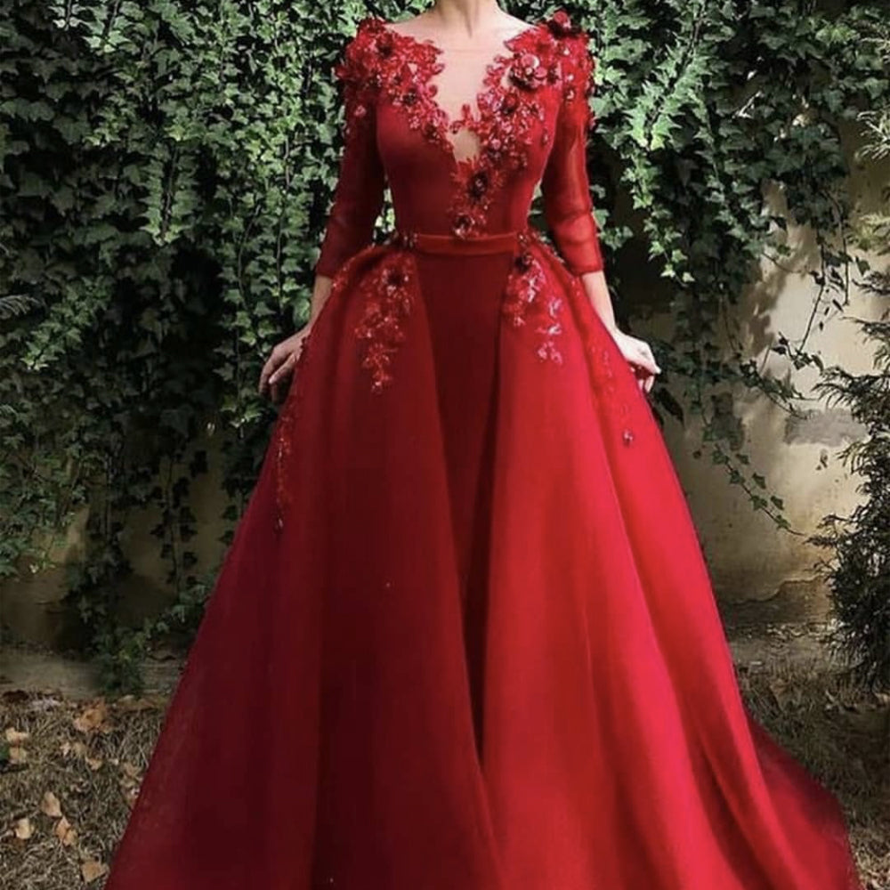 red prom dresses 2020 deep v neck long sleeve detachable skirt a line red evening dresses arabic formal dresses evening gowns