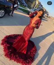 Load image into Gallery viewer, red prom dresses 2020 sparkly feather mermaid long sleeve deep v neck evening dresses formal dresses