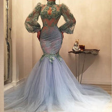 Load image into Gallery viewer, lace prom dresses 2020 high neck long sleeve mermaid evening dresses pleats party dresses