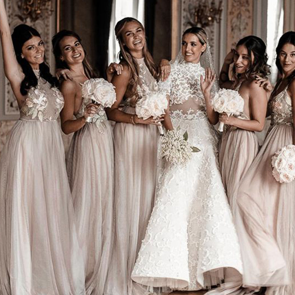 lace bridesmaid dresses 2020 halter neckline a line tulle ivory wedding guest dresses