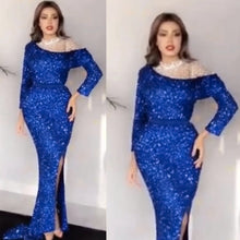 Load image into Gallery viewer, sequins prom dresses royal blue high neck crystal mermaid long sleeve shinning sparkly evening dresses