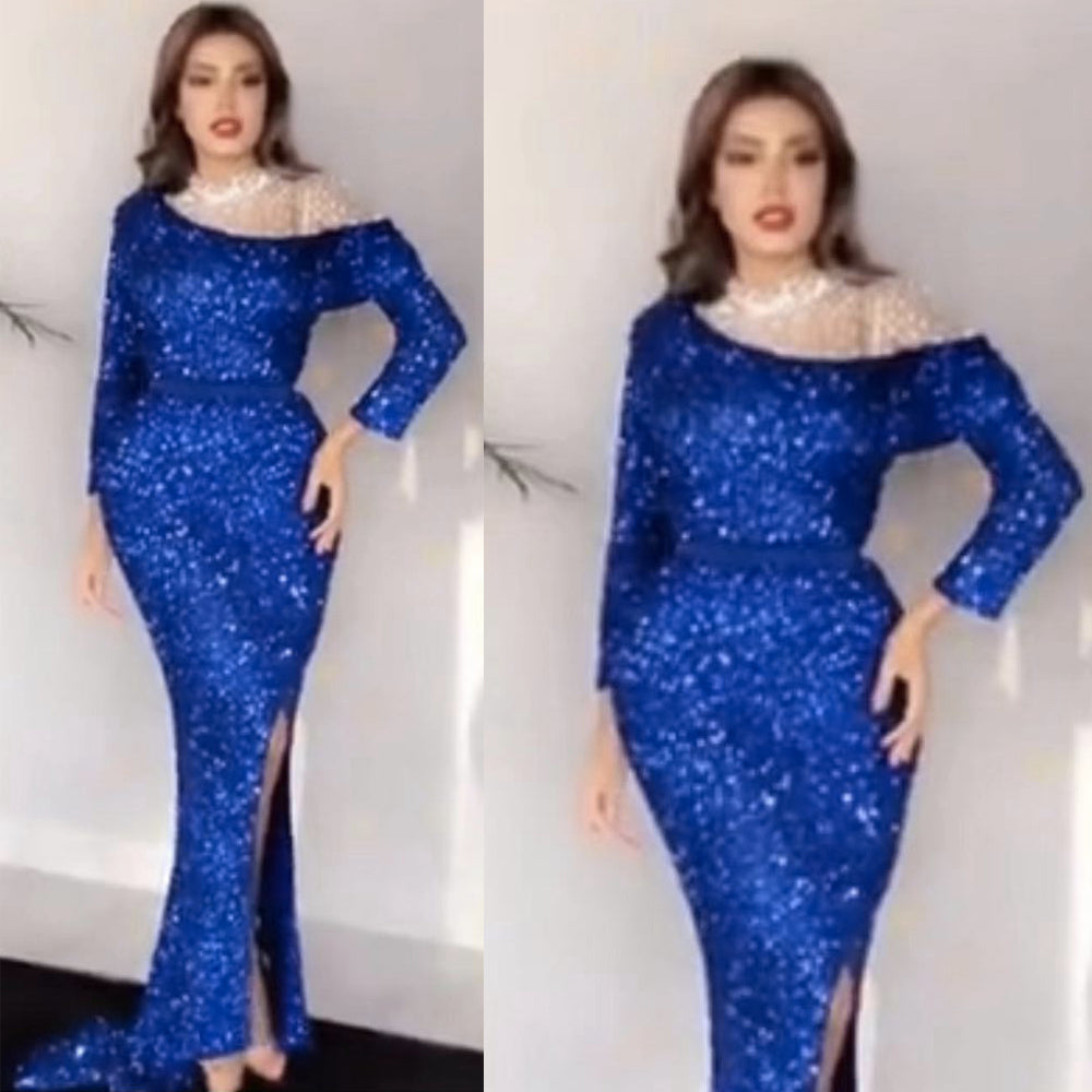 sequins prom dresses royal blue high neck crystal mermaid long sleeve shinning sparkly evening dresses