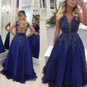 royal blue prom dresses 2020 lace appliques pearls beaded lace a line tulle floor length evening dresses vestidos de fiesta