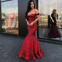 Load image into Gallery viewer, sparkly prom dresses 2020 sweetheart neckline off the shoulder formal dresses arabic party dresses red evening gowns