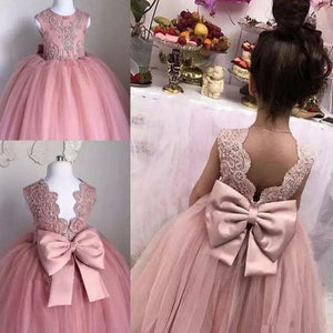 pink flower girls dressses 2021 crew neckline lace appliques bowknot puffy little girls dresses