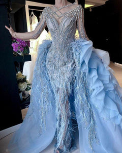 light blue prom dresses 2021 crew neckline beading sequins feather detachable skirt long evening dresses gowns