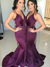 Load image into Gallery viewer, purple bridesmaid dresses 2021 sweetheart neckline backless mermaid satin court train long evening dresses gowns