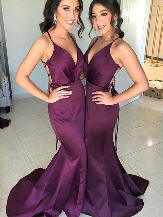 purple bridesmaid dresses 2021 sweetheart neckline backless mermaid satin court train long evening dresses gowns