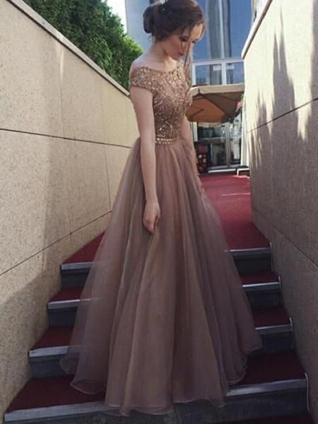 elegant prom dresses 2021 scoop neckline a line tulle floor length lace beaded evening dresses gowns