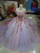 Load image into Gallery viewer, pink prom dresses 2021 off the shoulder beading off the shoulder flowers puffy long evening dresses gowns