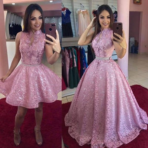 detachable skirt prom dresses 2021 high neck lace floor length long pink evening dresses gowns