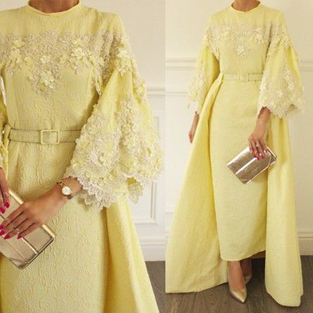 yellow prom dress 2020 long sleeve crew neckline lace appliques detachable skirt lace evening dresses formal dresses