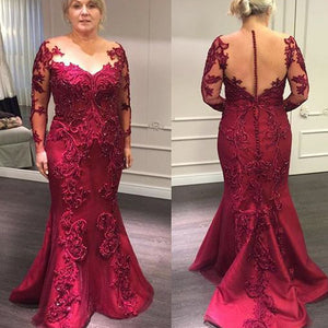 red prom dresses 2022 plus v neck lace appliques beading long seeve mermaid dark red evening dresses lace evening gowns party dresses vestidos de fiesta
