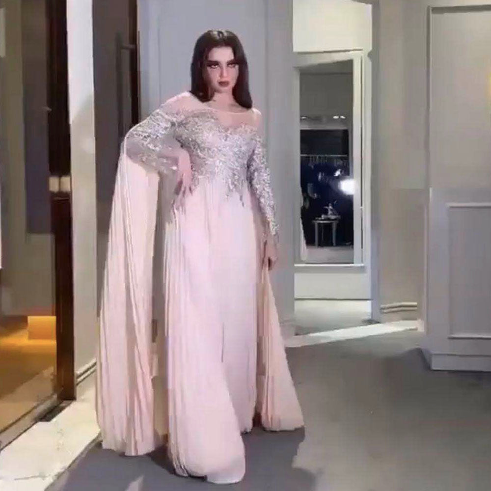 chiffon prom dresses 2020 sheer crew neck long sleeve lace appliques beading sequins a line pink evening dresses gowns