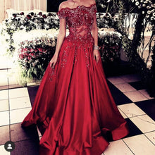Load image into Gallery viewer, red prom dresses 2020 off the shoulder lace appliques beading sequins a line satin floor length formal dresses vestidos