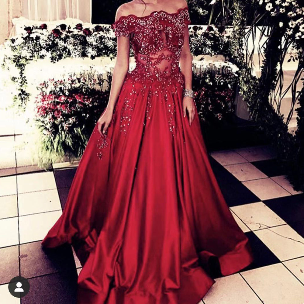 red prom dresses 2020 off the shoulder lace appliques beading sequins a line satin floor length formal dresses vestidos