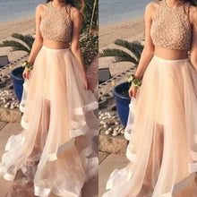 Load image into Gallery viewer, two pieces prom dresses 2020 crew neckline ruffle a line tulle evening dresses 2020 party dresses ivory prom gowns