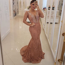 Load image into Gallery viewer, lace prom dresses 2020 long sleeve beaded lace appliques mermaid arabic blush evening dresses gowns