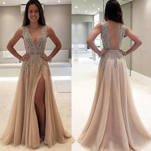 Load image into Gallery viewer, champagne prom dresses 2020 v neck crystal side slit a line tulle beaded evening dresses gowns vestidos de fiesta