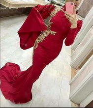 Load image into Gallery viewer, red prom dresses 2021 high neck long sleeve mermaid lace appliques mermaid long evening dresses