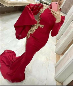 red prom dresses 2021 high neck long sleeve mermaid lace appliques mermaid long evening dresses