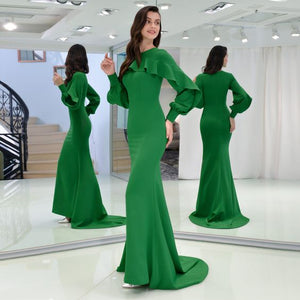 green prom dresses 2021 long sleeve crew neckline mermaid court train evening dresses gowns
