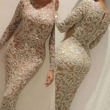 Load image into Gallery viewer, sparkly sequins prom dresses 2021 crew neckline long sleeve mermaid long sleeve evening dresses gowns
