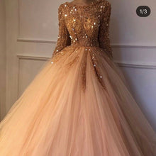 Load image into Gallery viewer, champagne prom dresses 2020 crew neckline long sleeve beading sequins ball gown floor length evening dress arabic party dresses